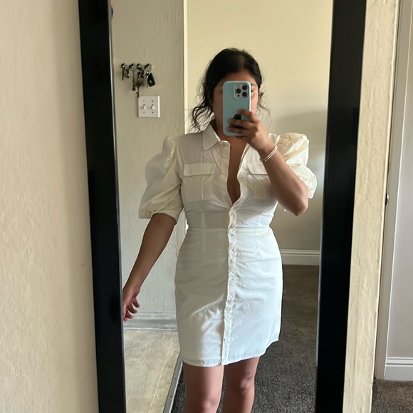 MISSGUIDED puff sleeve poplin shirt dress in ivory size 4 - Picture 2 of 3